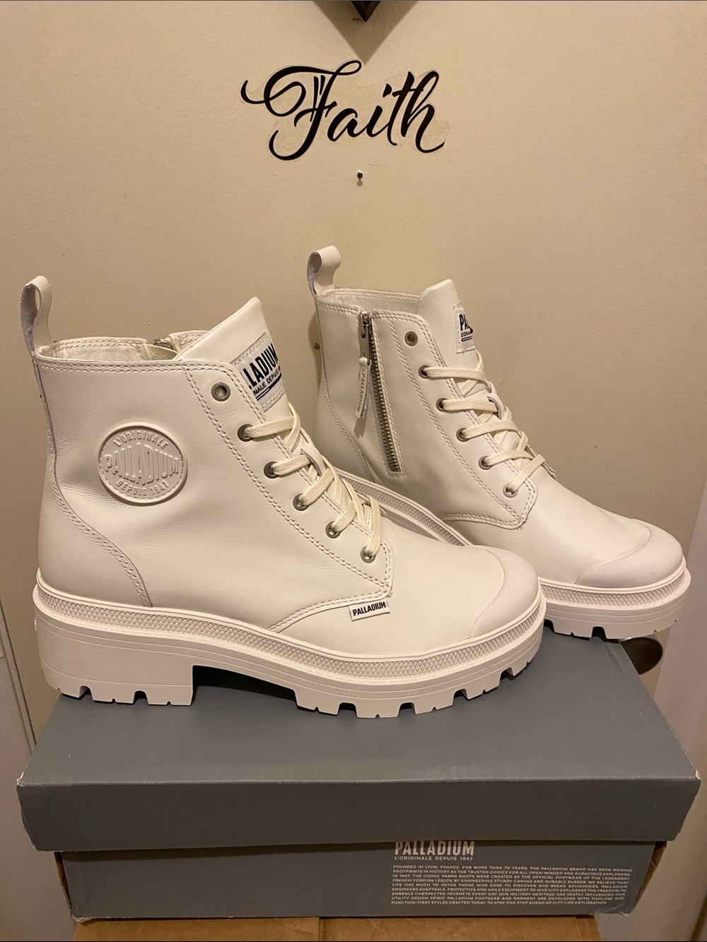 Palladium White Chunky Lug Combat Boots with Side Zip